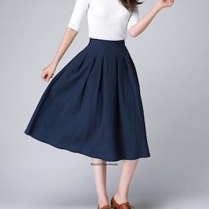 High Waist A Line pleated midi skirt, Women's swing vintage skirt with pockets, Linen midi skirt, Xiaolizi 1500 image 2