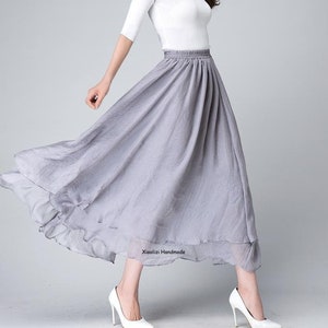 Summer gray swing Chiffon Skirt, Long skirts for women, high waisted skirt, bohemian skirt, Plus size Skirt, Beach skirt, Custom skirt 1508#