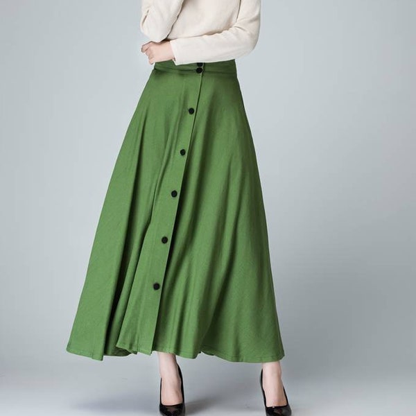 Button front Cotton Linen Maxi skirt, Linen skirt, A Line Green full skirt, summer skirt, womens skirts, swing skirt, plus size skirt 1484#