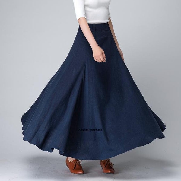 Dark blue skirt, Linen skirt women, Linen maxi skirt, A line skirt, Long Linen skirt, womens skirt, Casual Linen skirt, Xiaolizi 1497#