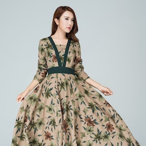 Vintage Floral Print Linen dress, Long sleeves Linen dress, Long Linen dress, Fit and Flare dress, women dresses, Spring autumn outfit 1580#