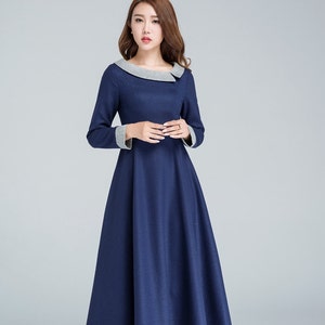 Winter wool dress vintage, long women dresses, warm winter dress, midi dress, party dress, modern dress, custom made dress, Blue dress 1611#