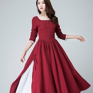 Victorian Vintage inspired prairie dress,  Burgundy dress, women&#39;s strap drop waist fit & flare party dress, Linen dress, Mod clothing 1473#