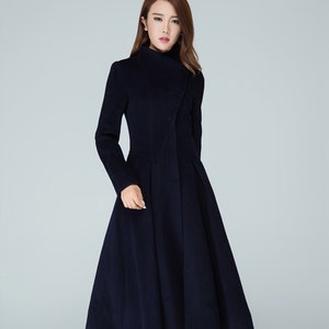 Long wool coat, wool coat, Asymmetrical wool coat, winter coat women, navy coat, women coat, fitted coat, designer coat, made to order 1605#