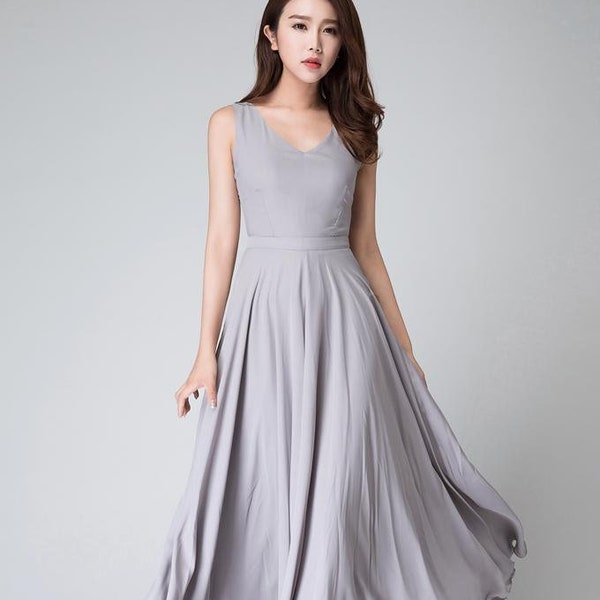 Chiffon dress, Gray dress, Summer dress for women, Sleeveless dress, Maxi dress, fit and flare dress, Bridesmaid dress, Prom dress 1525#