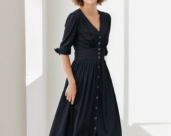 Linen Dress, Long Linen Dress, Black Midi Linen Dress, Womens Linen Dress, Summer Dress, V- neck Linen Dress, Custom dress, Xiaolizi 4893