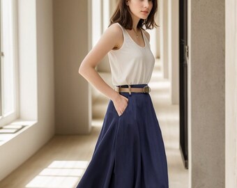 Linen skirt, Maxi Linen Skirt for women, A Line skirt, Blue maxi skirt with pockets, minimalist skirt, Custom made skirt, xiaolizi 5131