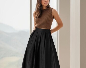 Black Linen skirt, Linen midi skirt, Long linen skirt, A line skirt, Womens linen skirt, Pleated Linen skirt, Custom skirt, Xiaolizi 4917#