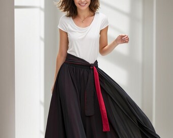 Black Chiffon Maxi Skirt Women, Swing Full Circle Skirt, Boho Maxi Skirt, Elastic Waist Chiffon Skirt with Sash, Plus Size Skirt 5130