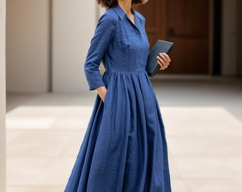 Midi linen Dress women, Blue Shirt Dress, Pleated dress, Swing dress, Collared neck Dress, Spring linen Dress, Custom Dress, Xiaolizi 4955