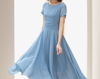 Blue midi chiffon dress, Bohemian Swing Chiffon dress, Bridesmaid Dress, Simple Beach wedding dress, Summer Women dress, Xiaolizi 5115