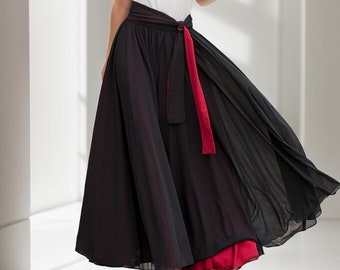 Black Chiffon Maxi Skirt Women, Swing Full Circle Skirt, Boho Maxi Skirt, Elastic Waist Chiffon Skirt with Sash, Plus Size Skirt 5130