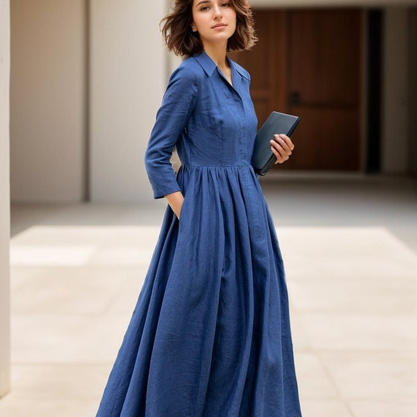 Midi linen Dress women, Blue Shirt Dress, Pleated dress, Swing dress, Collared neck Dress, Spring linen Dress, Custom Dress, Xiaolizi 4955