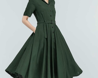 Green Belted Linen midi shirtwaist Dress, Short sleeve Cotton Linen swing dress, Spring women Button front dress, Xiaolizi 5764#