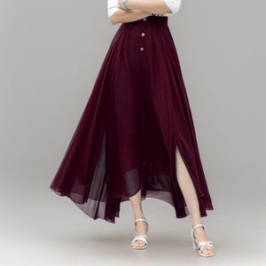Office Wear Skirt, Burgundy Chiffon Maxi Skirt, A Line Long