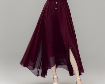 スカート Siyazu SIST9045 Retro Flow Skirt_Burgundy Office Wear Skirt, Burgundy Chiffon Maxi Skirt, A Line Long