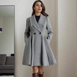Gray Wool-blend Coat for Fall & Winter, Elegant Double Gray Wool-blend Coat for Fall & Winter, Elegant Double