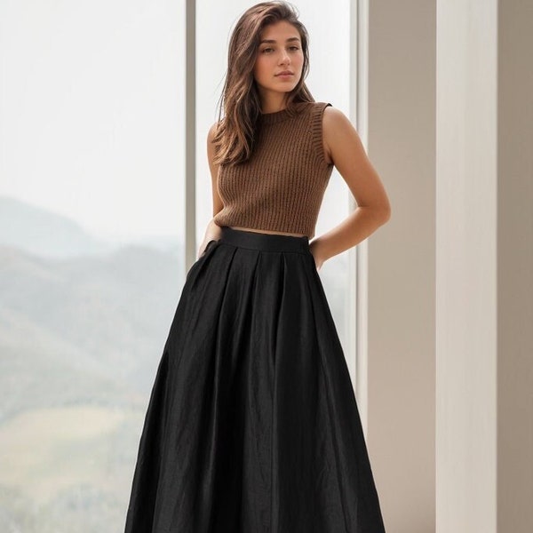 Black Linen skirt, Linen midi skirt, Long linen skirt, A line skirt, Womens linen skirt, Pleated Linen skirt, Custom skirt, Xiaolizi 4917#