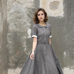 Linen Shirt Dress, Grey Midi Swing Dress, Shirt Dress Women
