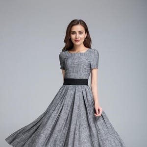 Grey Linen Dress, Pleated Dress, Fit and Flare Dress, Ladies Grey Linen Dress, Pleated Dress, Fit and Flare Dress, Ladies
