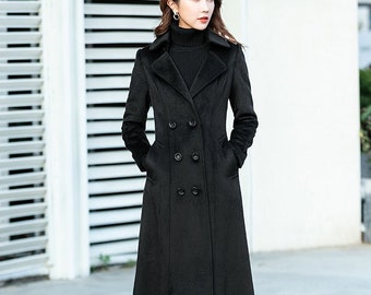 Black Wool coat, Double breasted wool coat, Long wool coat for winter, Long sleeves wool coat, Autumn winter coat, custom made coat 2461#