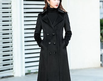 Black Wool coat, Double breasted wool coat, Long wool coat for winter, Long sleeves wool coat, Autumn winter coat, custom made coat 2461#