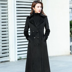 Black Wool Coat Double Breasted Wool Coat Long Wool Coat for