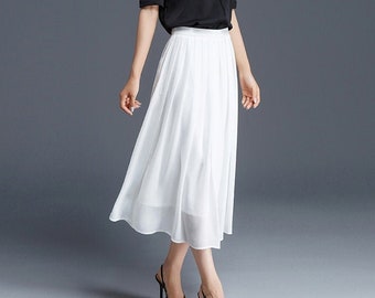 Women's White Chiffon Midi Skirt, Soft Pleated Chiffon Skirt, A Line Summer Skirt, High Waist Skirt, Daily/Travel/Party Handmade Skirt 2901