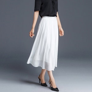 Women's White Chiffon Midi Skirt, Soft Pleated Chiffon Skirt, A Line Summer Skirt, High Waist Skirt, Daily/Travel/Party Handmade Skirt 2901 1-white