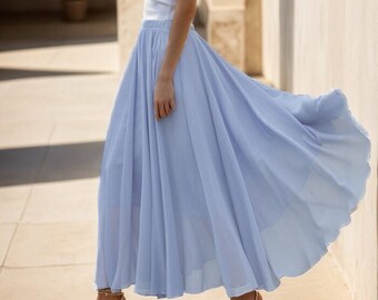 Chiffon Skirt, A-line midi chiffon skirt, Summer Swing Circle chiffon Skirt for Women, Light blue Elastic Waist Chiffon Skirt, Xiaolizi 5110