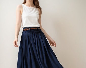 Linen Maxi skirt for women, Navy blue walking skirt, High waist swing pleated skirt with pocket, women skirt, full skirt, xiaolizi 5132