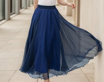 Blue Chiffon midi Skirt, Summer Swing Circle chiffon Skirt for Women, Pleated Elastic Waist Chiffon Skirt, Custom skirt, Xiaolizi 5109