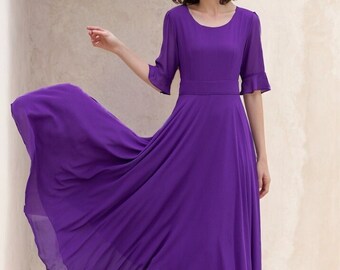 Women's Chiffon Dress, A Line Summer Chiffon Dress, Purple Boho Dress, Big Swing Dress, Circle Chiffon Dress, Ankle Length Dress 5116