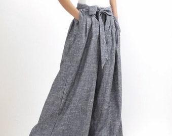 Women&#39;s Pleated High Waisted Wide Leg Pants, Belted Palazzo Trousers, Grey Linen pants, Long linen pants, women linen pants, Xiaolizi 0308#