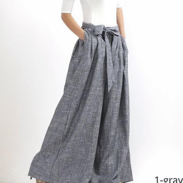 Women's Pleated High Waisted Wide Leg Pants, Belted Palazzo Trousers, Grey Linen pants, Long linen pants, women linen pants, Xiaolizi 0308#