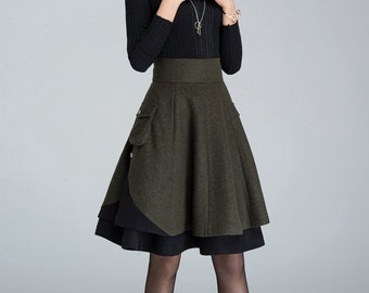 Winter Skater Wool Skirt Women, Wool Midi Skirt with Pockets, High Waist Layered Skirt, Patchwork Skirt, Wool Circle Skirt, Xiaolizi 1627