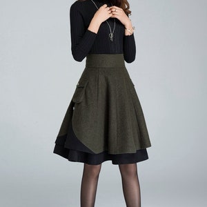 Winter Skater Wool Skirt Women, Wool Midi Skirt with Pockets, High Waist Layered Skirt, Patchwork Skirt, Wool Circle Skirt, Xiaolizi 1627