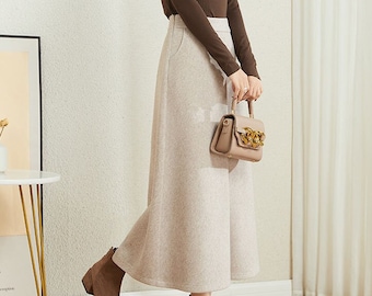 A-Line wool skirt, Beige wool skirt, Long wool skirt, Women's wool skirt with pockets, Casual skirt, Autumn winter outfits, Xiaolizi 3861#