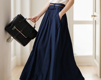 Linen Maxi skirt for women, Navy blue walking skirt, High waist swing pleated skirt with pocket, women skirt, full skirt, xiaolizi 5132