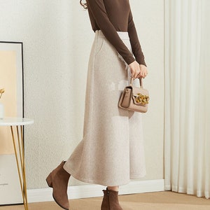 A-Line wool skirt, Beige wool skirt, Long wool skirt, Women's wool skirt with pockets, Casual skirt, Autumn winter outfits, Xiaolizi 3861 1-Beige