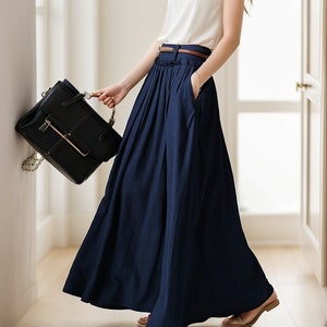 Linen Maxi skirt for women, Navy blue walking skirt, High waist swing pleated skirt with pocket, women skirt, full skirt, xiaolizi 5132
