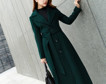 Long wool coat, Green wool coat, Wool coat women, Long sleeves wool coat with self tie belt waist, Winter coat women, Custom coat 2458