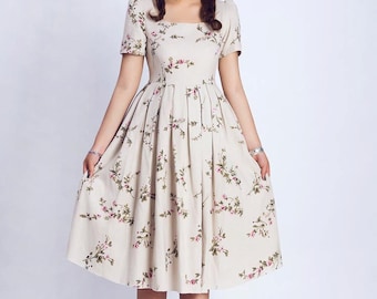 Vestido de lino de manga de hojaldre de mujer, Vestido floral de mujer, Vestido de pradera, Vestido Midi de Laura ashley, Vestidos de dama de honor, Vestido de verano plisado 0139 #