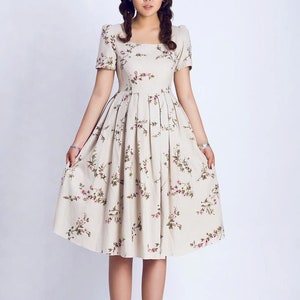 Womens Puff Sleeve Linen Dress, Floral dress women, Prairie Dress, Laura ashley Midi dress, Bridesmaid Dresses, Pleated Summer dress 0139 image 1