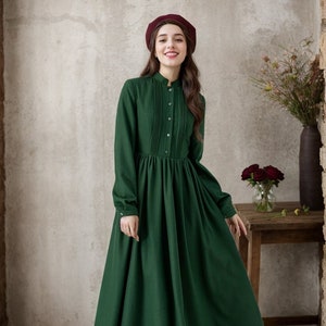 Wool dress, Long Wool Dress, Swing Wool Dress, Green Wool Dress, Autumn Winter Wool Dress, Womens Pleated Wool Dress, Custom Dress 4609