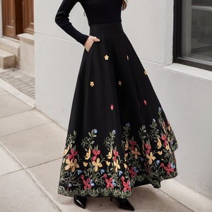 Black Maxi Embroidered Wool Skirt, High Waisted Skirt, A