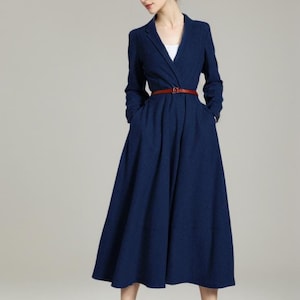 Wollkleid, Midikleid, dunkelblaues Kleid mit V-Ausschnitt, Langarmwollkleid, Damenwollkleid mit Taschen, Herbst-Winterkleid, Xiaolizi 3887#
