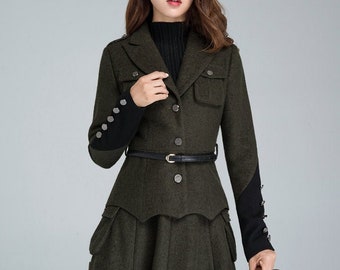 Militär Mantel, Damen Blazer, Wolljacke, Armee grüne Jacke, Wintermantel Frauen, Wollkleidung, kurze Wolle Peacoat, Damen Outwear 1628 #