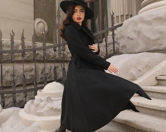 Vintage Inspired Long Wool Coat in Black, Winter Fall Wool Vintage Inspired Long Wool Coat in Black, Winter Fall Wool