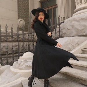 Vintage inspired Long wool coat in black, Winter Fall wool coat women,fit&flare coat, Warm coat, Double breasted wool coat, Xiaolizi 2743